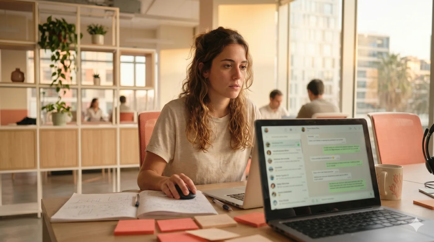 Recruiter en una oficina con muchas conversaciones de WhatsApp Web abiertas en el portátil
