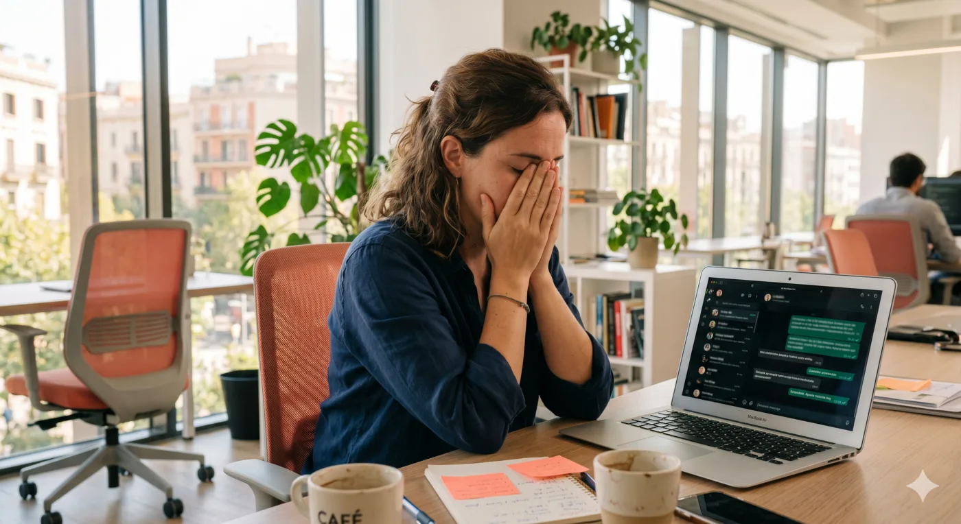 Recruiter con las manos en la cara frente al portátil con conversaciones de WhatsApp sin respuesta
