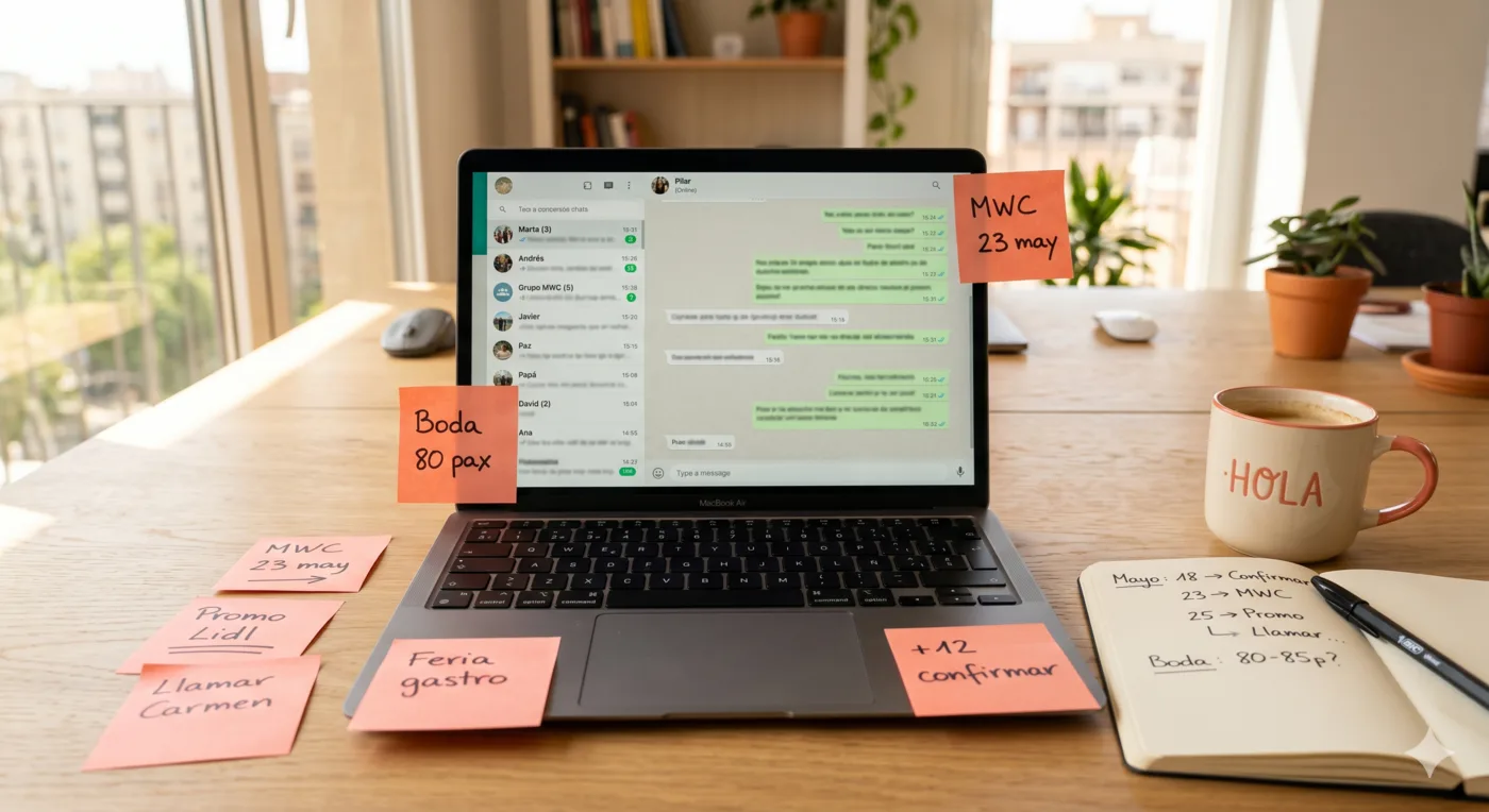 Portátil con WhatsApp Web abierto rodeado de post-its con anotaciones manuscritas de eventos